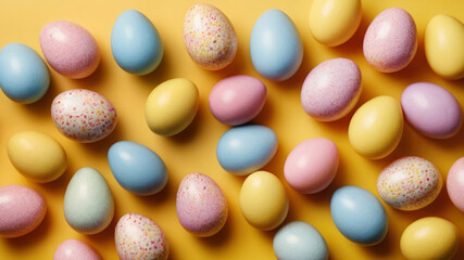 Easter candy. Multicolored sugar coated eggs filled with sugar syrup various flavors. - 747269496