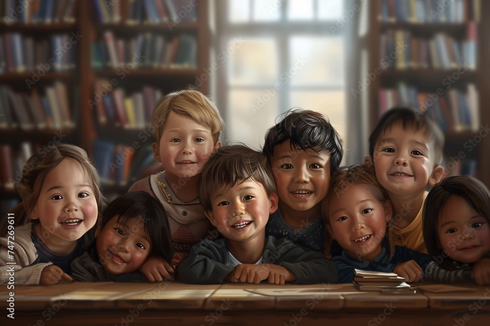 Poster Smiling Children in a Library Generative AI