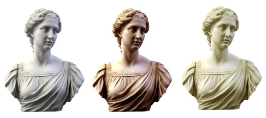 Set of marble busts of a Roman women on a transparent background. An ancient sculpture of a young woman.