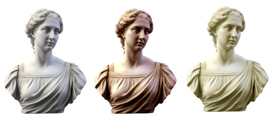 Obraz premium Set of marble busts of a Roman women on a transparent background. An ancient sculpture of a young woman.