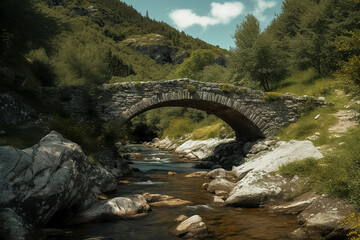 Fototapeta na wymiar a serene stone bridge spanning a stream, surrounded by lush greenery and rocky terrain under a clear sky, ai generative