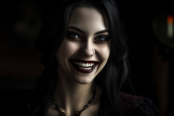 woman wearing dark clothing and a necklace, in a dimly lit, moody setting, ai generative
