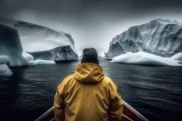 Fotobehang a person in a yellow jacket observing massive, icy glaciers from a boat amidst dark, cold waters under overcast skies, ai generative © larrui