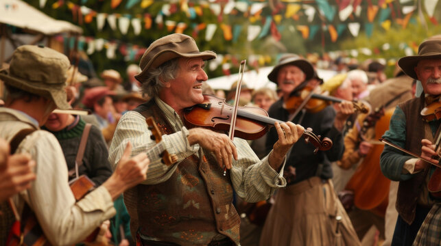 Traditional Irish music is played with fiddles and tin whistles filling the air while people dance and sing along.