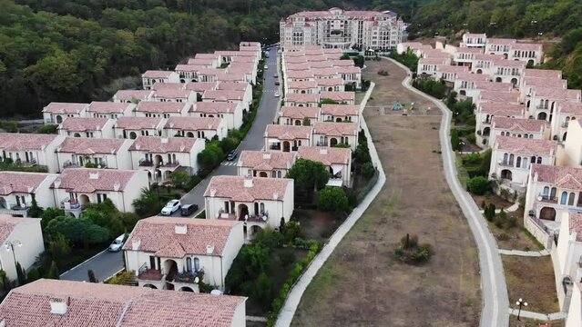 Aerial view of houses in sea resort Sunny Beach on the Bulgarian Black Sea coast. Drone view from above. Summer holidays destination.