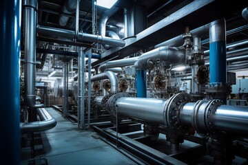 An In-Depth Look at a Desuperheater Amidst the Complex Network of Pipes and Valves in an Industrial Plant - obrazy, fototapety, plakaty