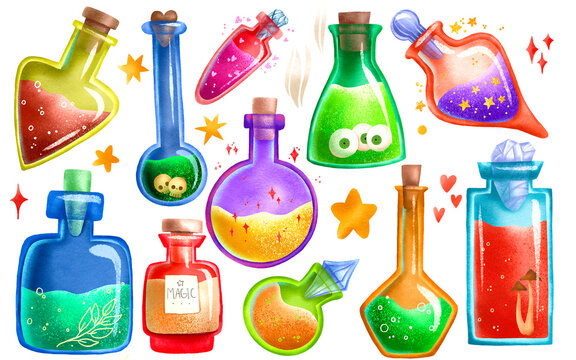 Magic bottle hand drawn magical game potion in glass. Liquid poison drink of chemistry illustration set. Fairy elixir on isolated on background