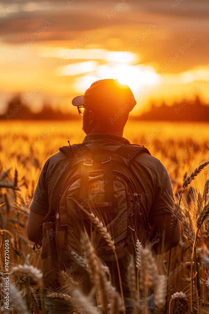 Poster sunset vibes a backpacker's journey through the golden fields generative ai