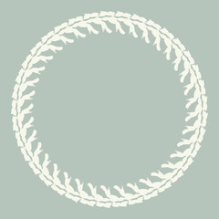 Handmade linocut organic vector wreath in whimsical scandi style. Folkart natural woodland frame with woodcut effect for digital monochrome artwork. 