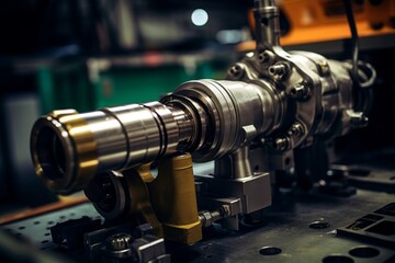 Fototapeta na wymiar Detailed view of a diesel injector amidst various mechanical parts in a bustling industrial workspace