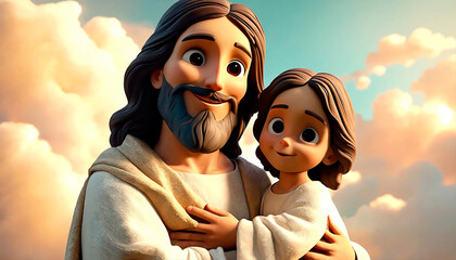 Adorable illustration of Jesus Christ with a child in heaven in 3d animation style.