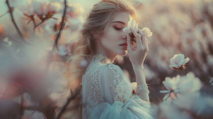 An ethereal image of a young woman in a delicate dress smelling a magnolia flower among a blurred floral background.
