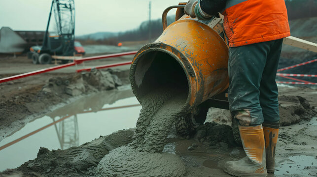 worker pouring cement concrete on construction site