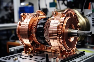 Detailed view of an electric motor core amidst the hustle and bustle of a modern manufacturing facility