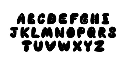 Playful black bubble font inspired by 90s and Y2K themes. Puffy cartoon letters perfect for trendy and fun designs. Includes uppercase letters - obrazy, fototapety, plakaty