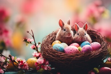 Colorful easter eggs, adorable rabbits, and earrings in a nest on a table with light background - obrazy, fototapety, plakaty
