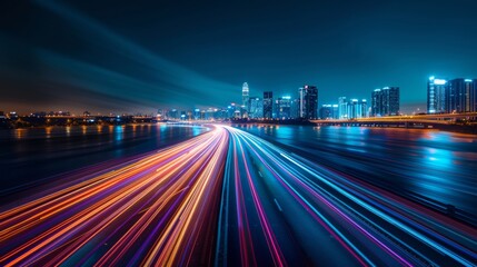 Fototapeta na wymiar traffic with highway road motion lights, long exposure photography cityscape background