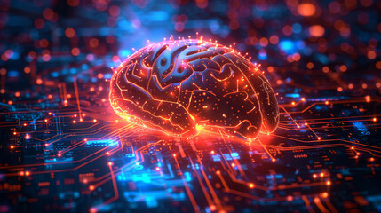 Digital brain, circuit and virtual illustration, connected to internet, data and computer. Silhouette, business and public network lines for communication, futuristic connection and marketing strateg - obrazy, fototapety, plakaty