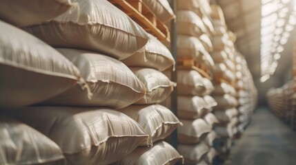 Warehouse with bags of corn and rice or sugar in distribution center bag corn storage facility - obrazy, fototapety, plakaty
