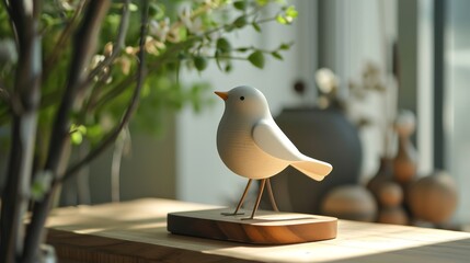 Wooden bird figurine on table in living room, closeup - obrazy, fototapety, plakaty