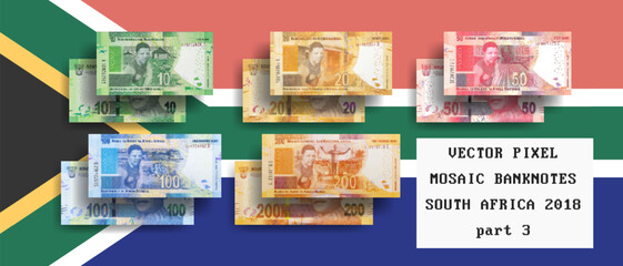 Vector set of pixel mosaic banknotes 2018 of South Africa. Collection of notes in denominations of 10, 20, 50, 100 and 200 rands. Obverse and reverse. Play money or flyers. Part 3