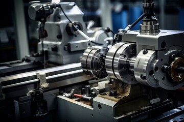 Detailed perspective of a lathe tailstock amidst the hustle and bustle of an active industrial workshop