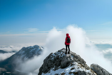 Obraz premium Solo Traveler Summit Adventure - Mountain Top Exploration