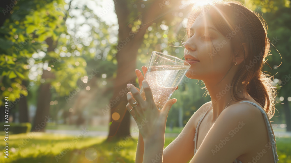Wall mural young woman enjoying a glass of water to hydrate herself with fresh air of a park - Wall murals
