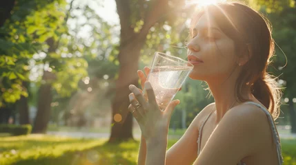 Foto op Plexiglas young woman enjoying a glass of water to hydrate herself with fresh air of a park © Kien