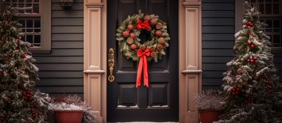 Fototapeta na wymiar A classic Christmas wreath hangs prominently on the front door of a charming old house, adding a festive touch to the exterior decor. The wreath features vibrant red and green colors with traditional