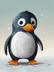 Obraz premium A charming illustration of a cute penguin character standing alone on a vast expanse of ice