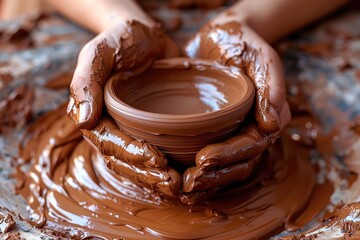 clay on potters table with hands forming clay pot professional photography