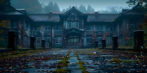 Spooky scene at a traditional Japanese school building eerie atmosphere captured. Concept Japanese School, Spooky Scene, Eerie Atmosphere, Haunting Photography, Traditional Architecture