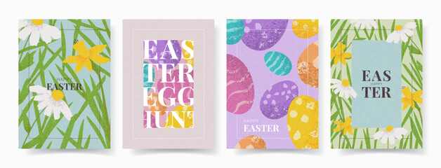 Fototapeta na wymiar Creative Easter posters. Trendy Easter vector illustration with hand drawn eggs, flowers, grass. Contemporary posters for design of party, celebration, ad, branding, cover, card, sale.