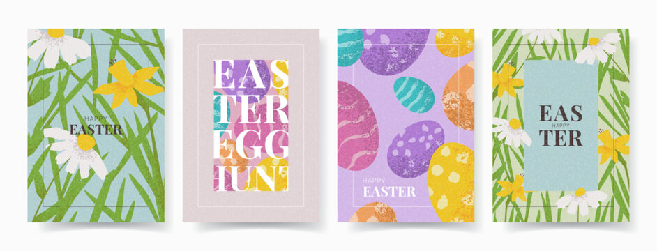 Creative Easter posters. Trendy Easter vector illustration with hand drawn eggs, flowers, grass. Contemporary posters for design of party, celebration, ad, branding, cover, card, sale.
