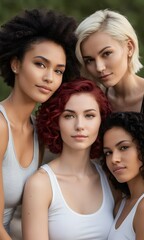 Obraz premium Four different woman. Harmonious blend of individuality and style in a female ensemble - diverse women showcasing beauty and unity, AI illustration