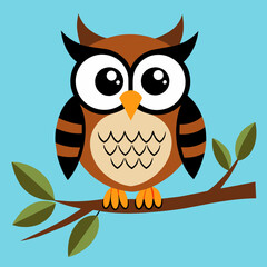 Cartoon Owl on Branch Vector Illustration blue background