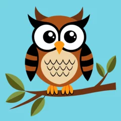 Fotobehang Cartoon Owl on Branch Vector Illustration blue background © earthstudiotomo