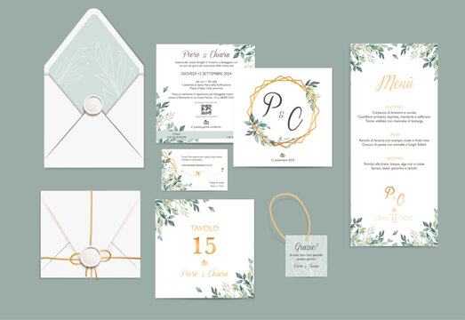 Partecipazioni per matrimonio raffinate ed eleganti sui toni del verde con foglie formato quadrato con timbro ceralacca. Kit per partecipazioni di matrimonio con simpatica indicazione iban per regalo.