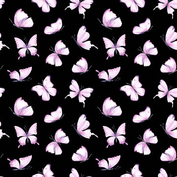 Seamless pattern with pink bright watercolor butterflies on black backdrop. Hand drawn insects design ideal for fabric textile or scrapbooking, paper. Black background