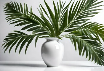 white vase with palm leaves on white background