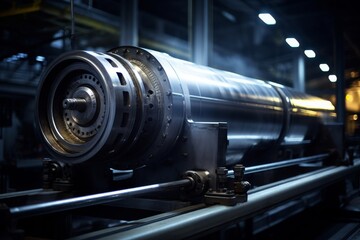 Fototapeta premium Detailed view of a shiny plate cylinder amidst the rugged beauty of an industrial background