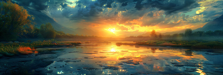Sunset over forest and lake with dramatic clouds. Digital painting of serene nature scene. Peaceful solitude and natural beauty concept. Design for wallpaper, poster, and print. - obrazy, fototapety, plakaty
