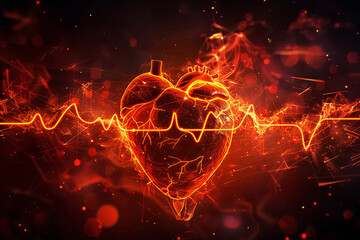 Fiery Heartbeat Concept Art.
Heart silhouette with electrocardiogram pulse against a fiery background.