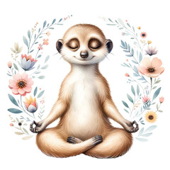 Serene meerkat in meditation pose, watercolor clipart, with a peaceful expression, surrounded by subtle floral aura, isolated on white