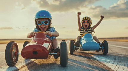 Exuberant Joy as Children Race in Toy Pedal Cars Under the Open Sky
