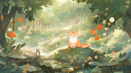 Whimsical scene of a meditating orange cat, winking playfully while sitting on a lotus, under a large tree in a mystical forest - obrazy, fototapety, plakaty