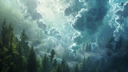 An artistic depiction of a mystical forest with light filtering through dense clouds, invoking a magical ambiance - obrazy, fototapety, plakaty