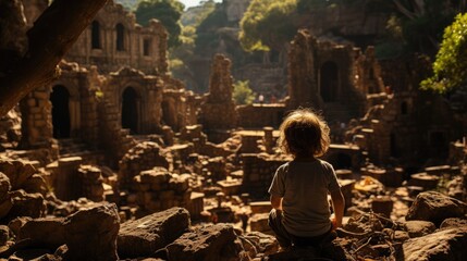 A lone child sits facing ancient ruins at sunset, contemplating history amidst nature's embrace
