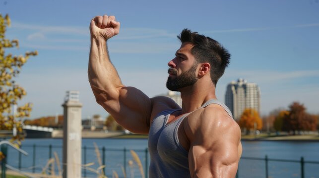 Powerful guy flaunting his pumped, sinewy bicep
